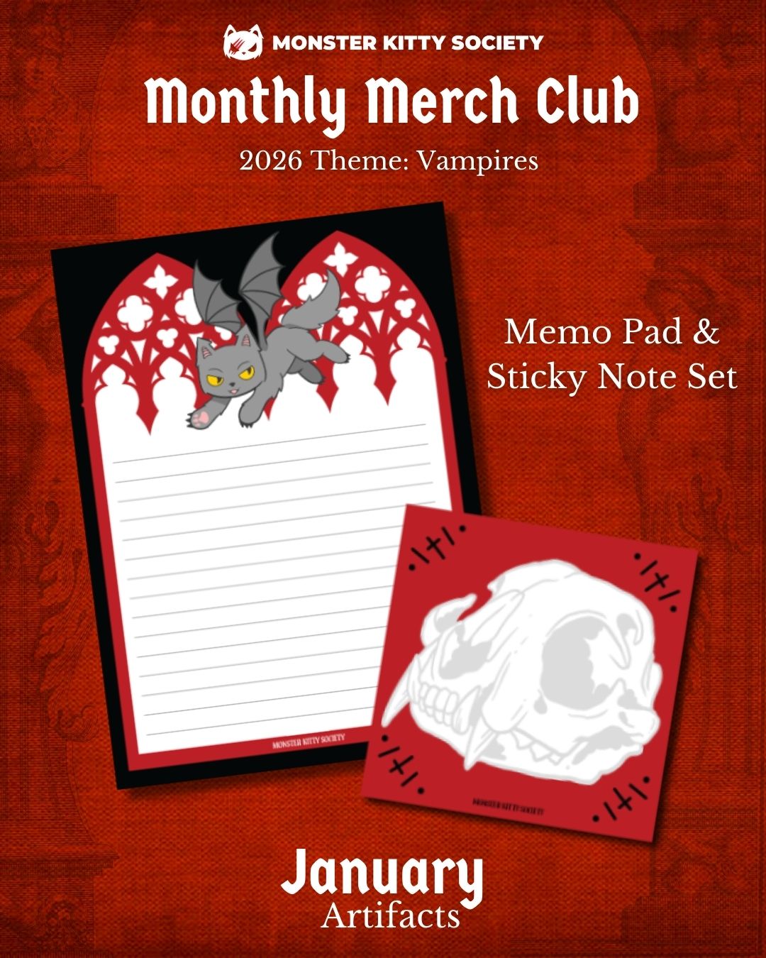 Monthly Merch Club Reward for January 2026. Gothic Stationery Set. Memo pad featuring red cathedral window frame with a gray bat cat flying, and a sticky note set featuring a cats' skull. 