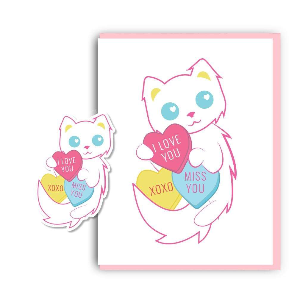 Monster Kitty Society Stickers Candy Hearts Cat Greeting Card + Sticker