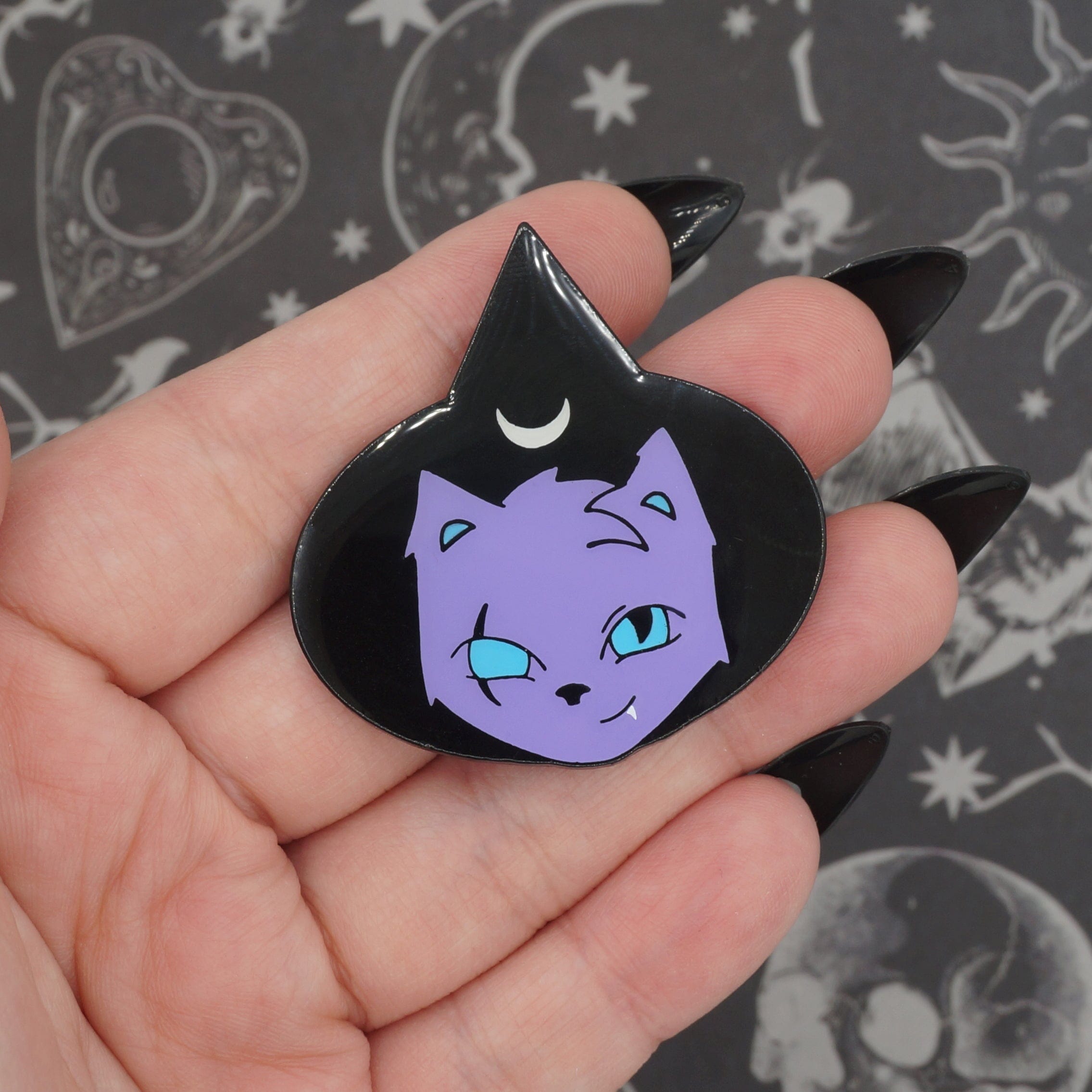 Monster Kitty Society Pins GLOW IN THE DARK - Purple Witch Cat &quot;Runa&quot; - Dyed Soft Enamel Pin