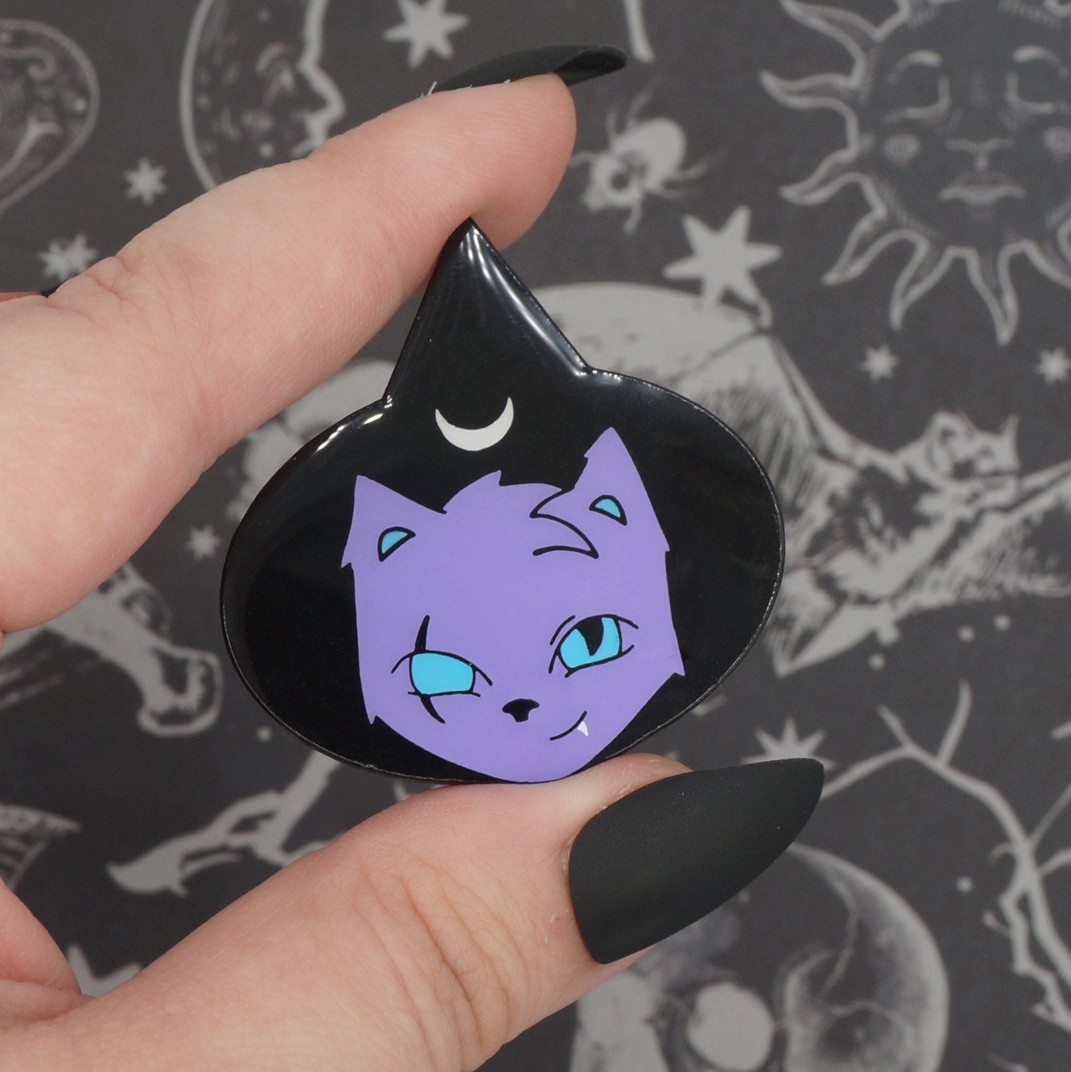 Monster Kitty Society Pins GLOW IN THE DARK - Purple Witch Cat &quot;Runa&quot; - Dyed Soft Enamel Pin