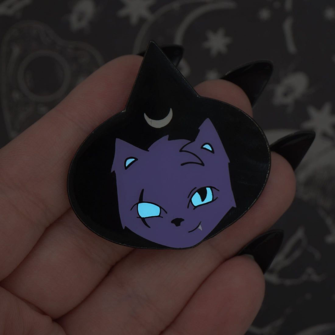 Monster Kitty Society Pins Standard GLOW IN THE DARK - Purple Witch Cat "Runa" - Dyed Soft Enamel Pin